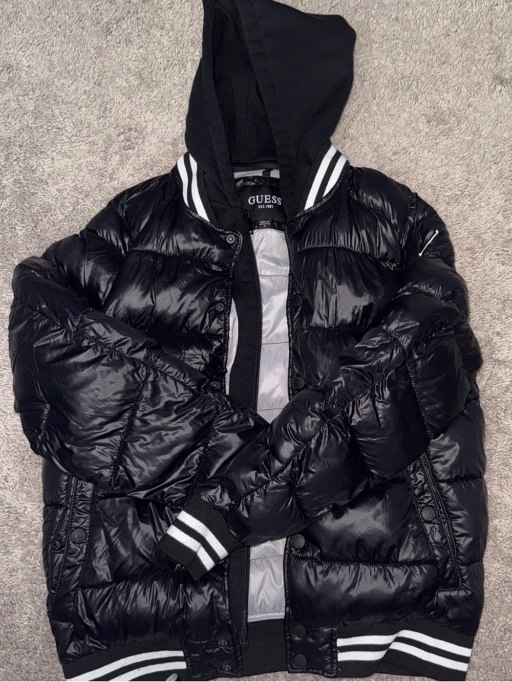 GUESS Black Hooded Puffer Jacket with Striped Trim